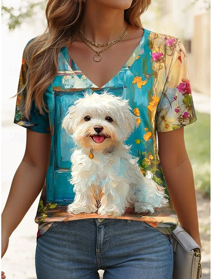 Women's T Shirt Graphic Animal Vintage Stylish Classic Short Sleeve V Neck Regular Tops Daily Print Woman Clothes Tops for Woman