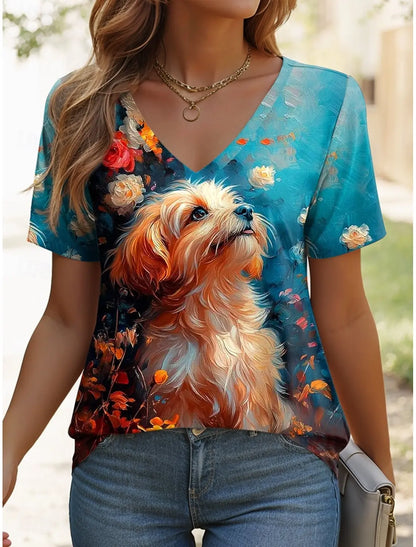 Women's T Shirt Graphic Animal Vintage Stylish Classic Short Sleeve V Neck Regular Tops Daily Print Woman Clothes Tops for Woman