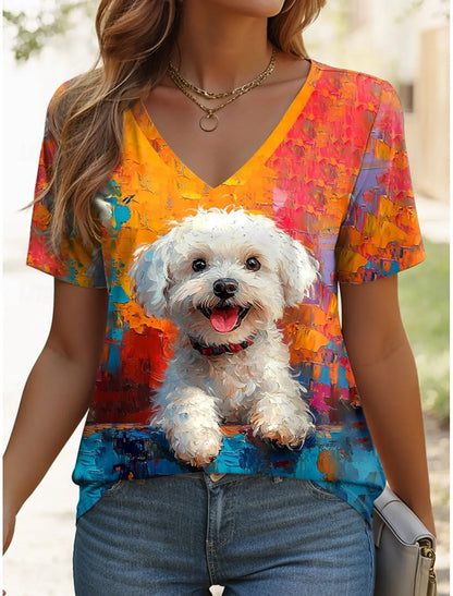 Women's T Shirt Graphic Animal Vintage Stylish Classic Short Sleeve V Neck Regular Tops Daily Print Woman Clothes Tops for Woman