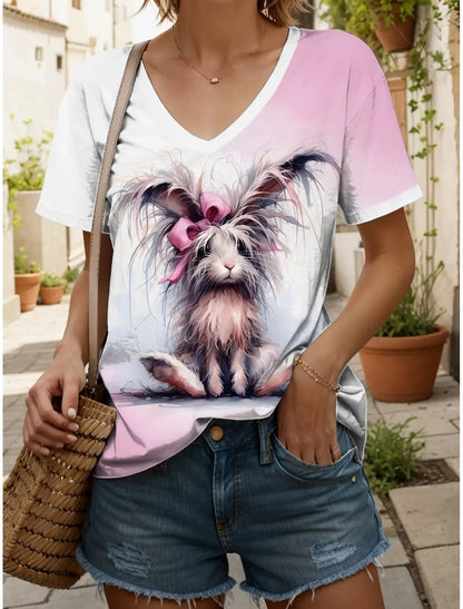 Women's T Shirt Graphic Animal Vintage Stylish Classic Short Sleeve V Neck Regular Tops Daily Print Woman Clothes Tops for Woman