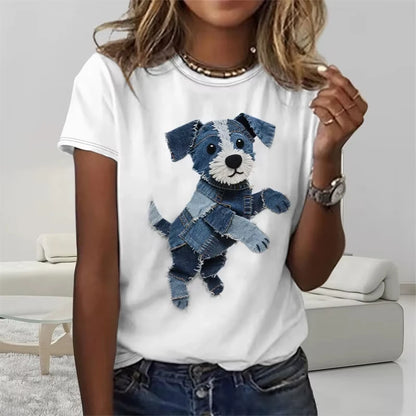 Funny Denim Patchwork Animal Pattern T Shirts Summer Fashion Short Sleeve  Printed Men Women T-shirts Loose Breathable Tees