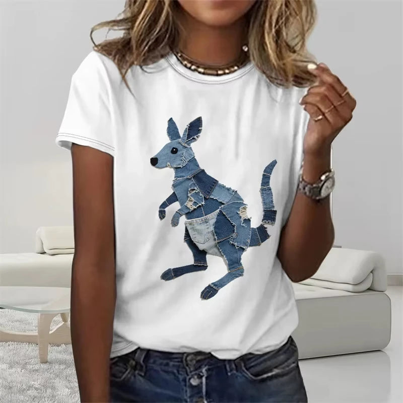 Funny Denim Patchwork Animal Pattern T Shirts Summer Fashion Short Sleeve  Printed Men Women T-shirts Loose Breathable Tees