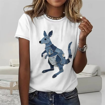 Funny Denim Patchwork Animal Pattern T Shirts Summer Fashion Short Sleeve  Printed Men Women T-shirts Loose Breathable Tees