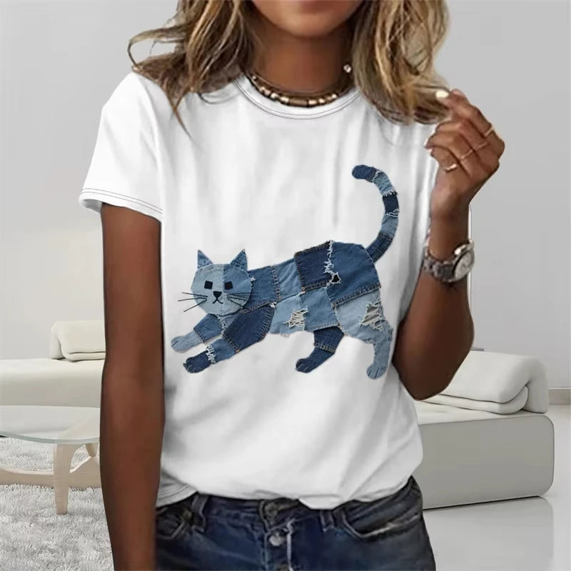 Funny Denim Patchwork Animal Pattern T Shirts Summer Fashion Short Sleeve  Printed Men Women T-shirts Loose Breathable Tees