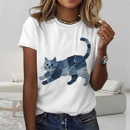 Funny Denim Patchwork Animal Pattern T Shirts Summer Fashion Short Sleeve  Printed Men Women T-shirts Loose Breathable Tees