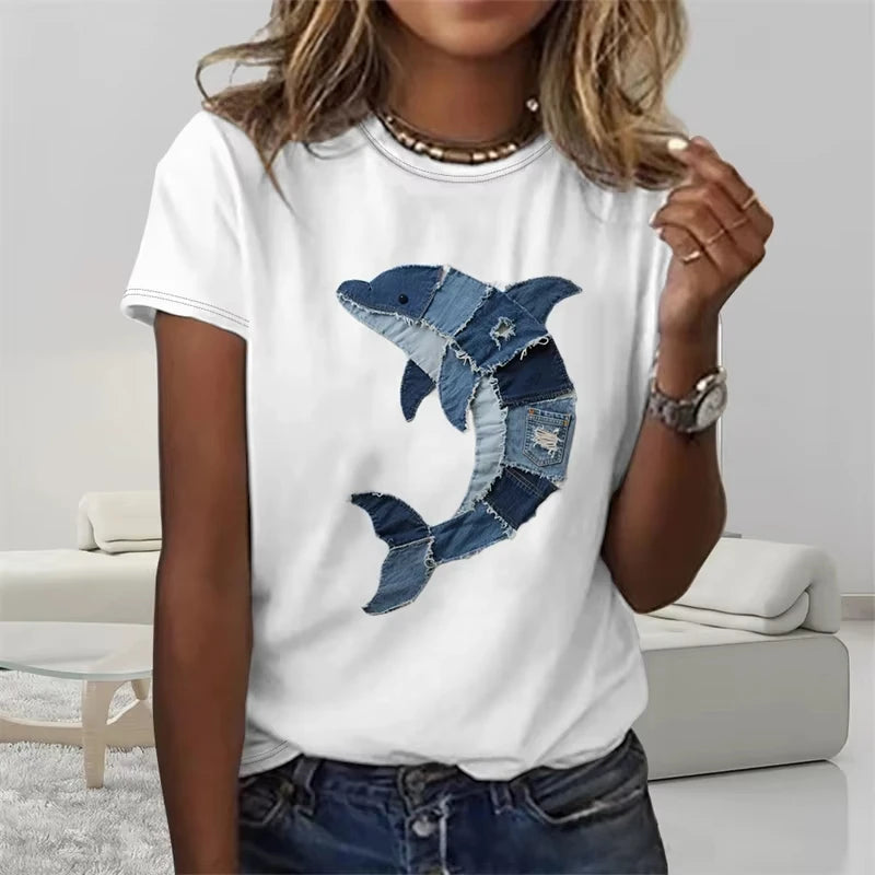 Funny Denim Patchwork Animal Pattern T Shirts Summer Fashion Short Sleeve  Printed Men Women T-shirts Loose Breathable Tees