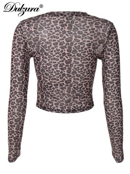 Leopard Mesh Long-Sleeve Top
