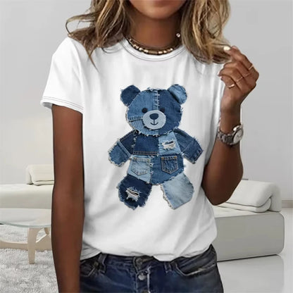Funny Denim Patchwork Animal Pattern T Shirts Summer Fashion Short Sleeve  Printed Men Women T-shirts Loose Breathable Tees