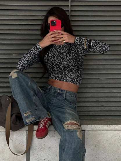 Leopard Mesh Long-Sleeve Top