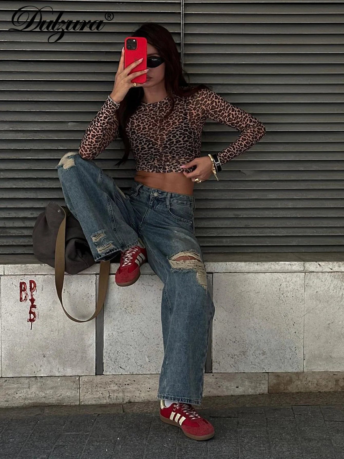 Leopard Mesh Long-Sleeve Top
