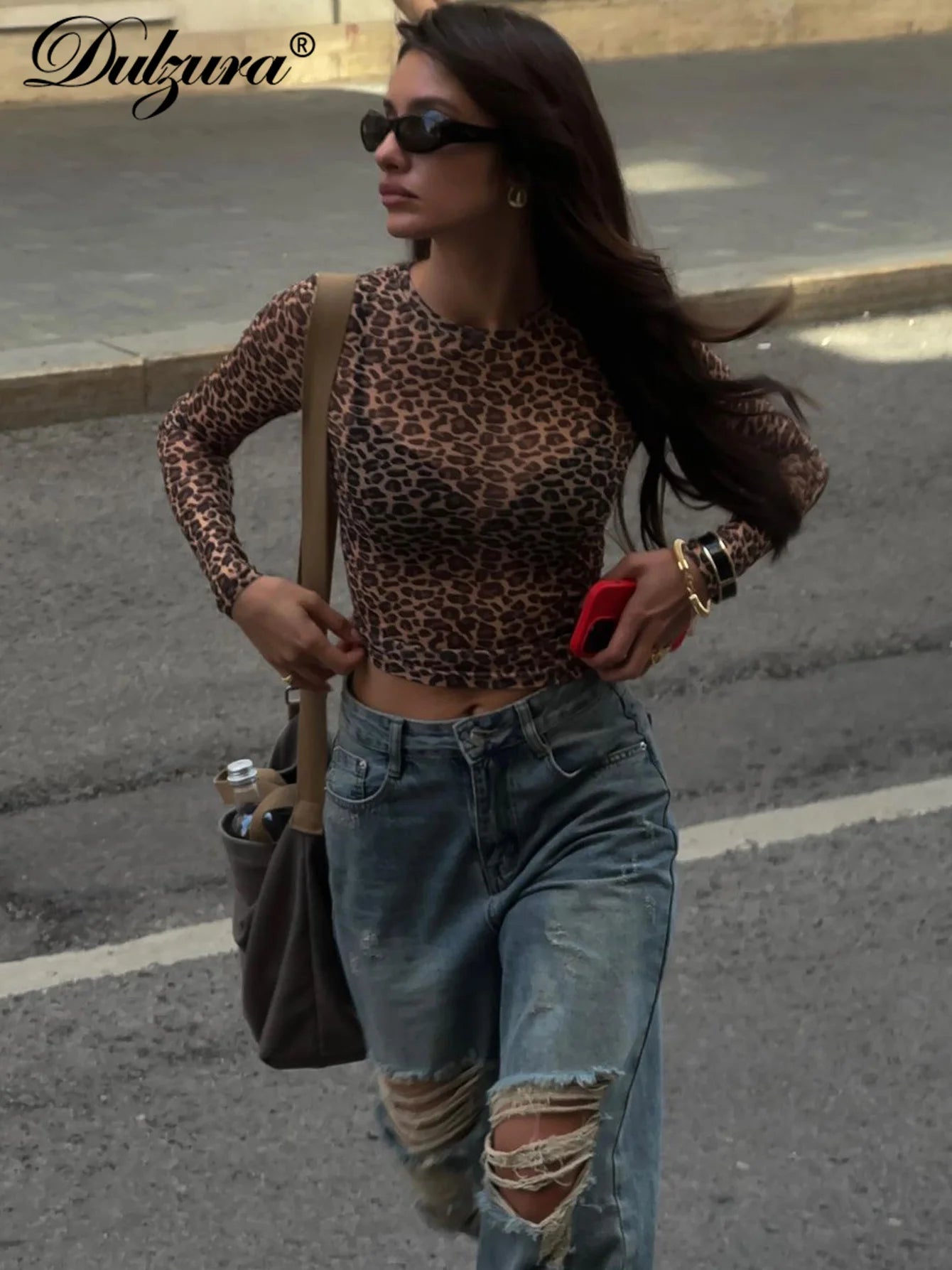 Leopard Mesh Long-Sleeve Top