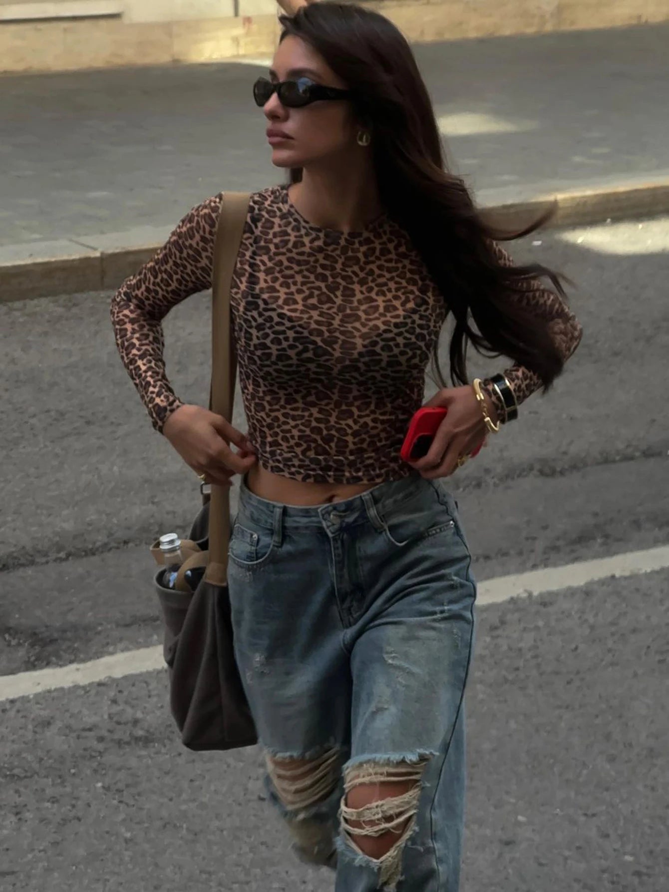 Leopard Mesh Long-Sleeve Top