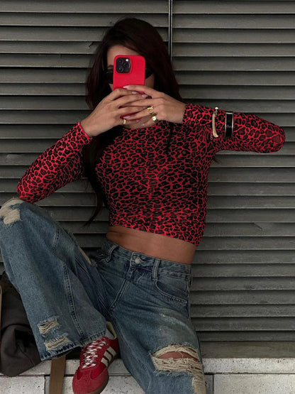 Leopard Mesh Long-Sleeve Top