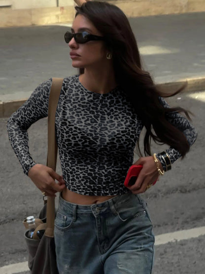 Leopard Mesh Long-Sleeve Top