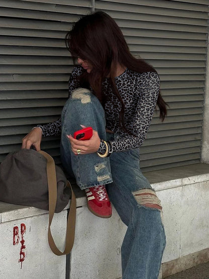 Leopard Mesh Long-Sleeve Top