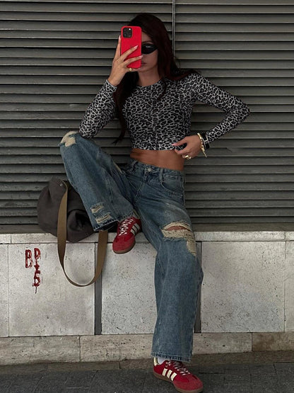 Leopard Mesh Long-Sleeve Top