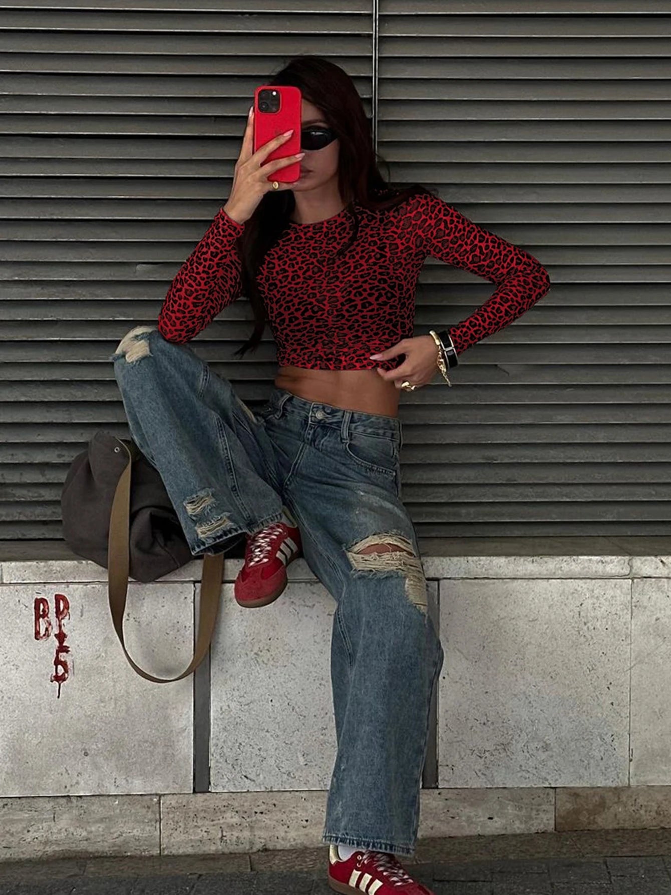 Leopard Mesh Long-Sleeve Top