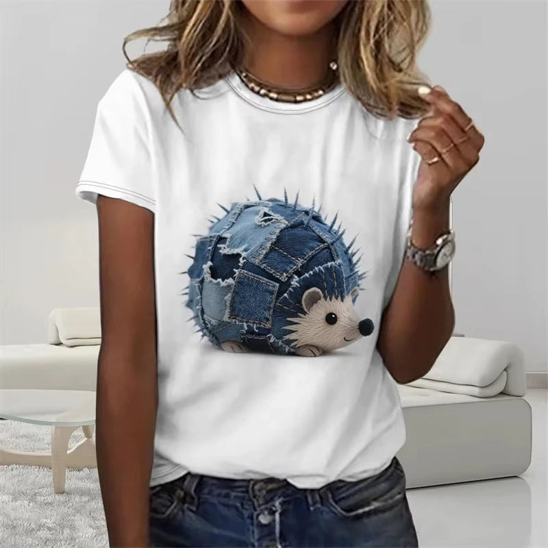 Funny Denim Patchwork Animal Pattern T Shirts Summer Fashion Short Sleeve  Printed Men Women T-shirts Loose Breathable Tees