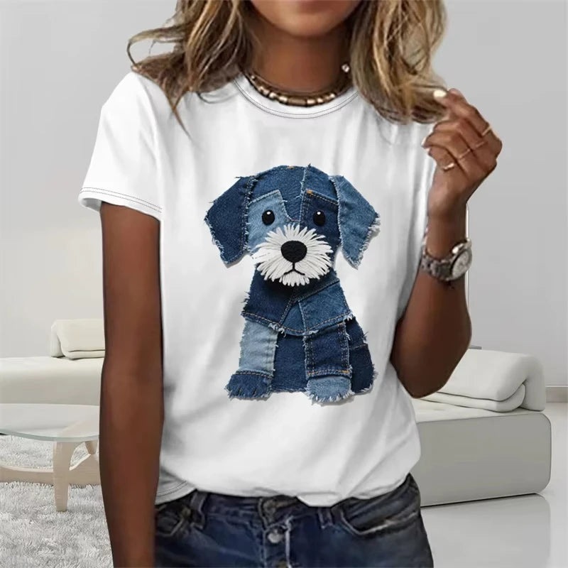 Funny Denim Patchwork Animal Pattern T Shirts Summer Fashion Short Sleeve  Printed Men Women T-shirts Loose Breathable Tees
