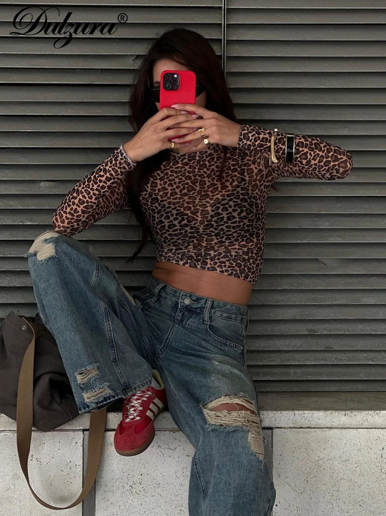 Leopard Mesh Long-Sleeve Top