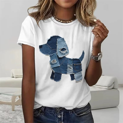 Funny Denim Patchwork Animal Pattern T Shirts Summer Fashion Short Sleeve  Printed Men Women T-shirts Loose Breathable Tees