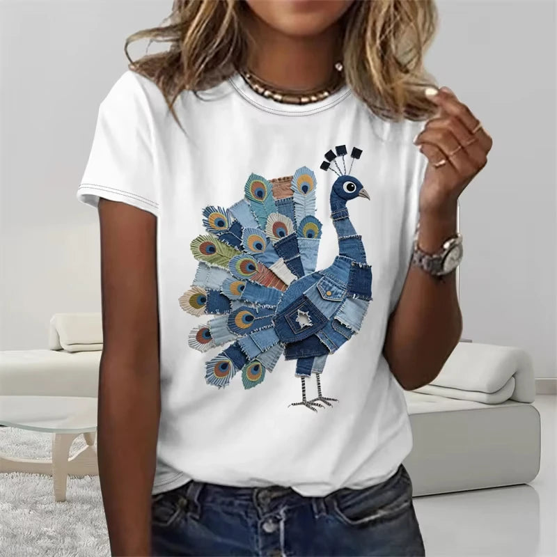 Funny Denim Patchwork Animal Pattern T Shirts Summer Fashion Short Sleeve  Printed Men Women T-shirts Loose Breathable Tees
