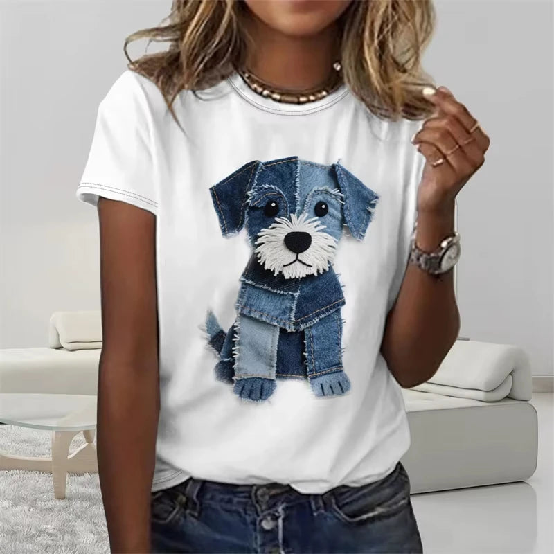 Funny Denim Patchwork Animal Pattern T Shirts Summer Fashion Short Sleeve  Printed Men Women T-shirts Loose Breathable Tees