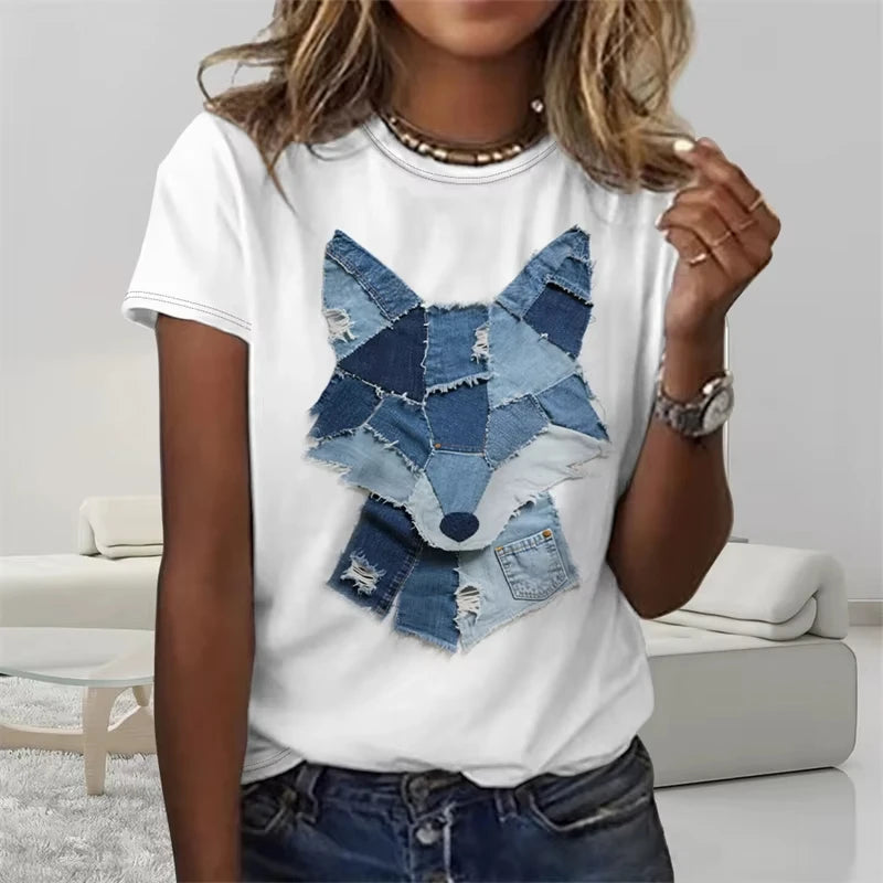 Funny Denim Patchwork Animal Pattern T Shirts Summer Fashion Short Sleeve  Printed Men Women T-shirts Loose Breathable Tees
