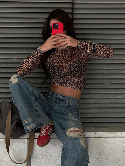 Leopard Mesh Long-Sleeve Top