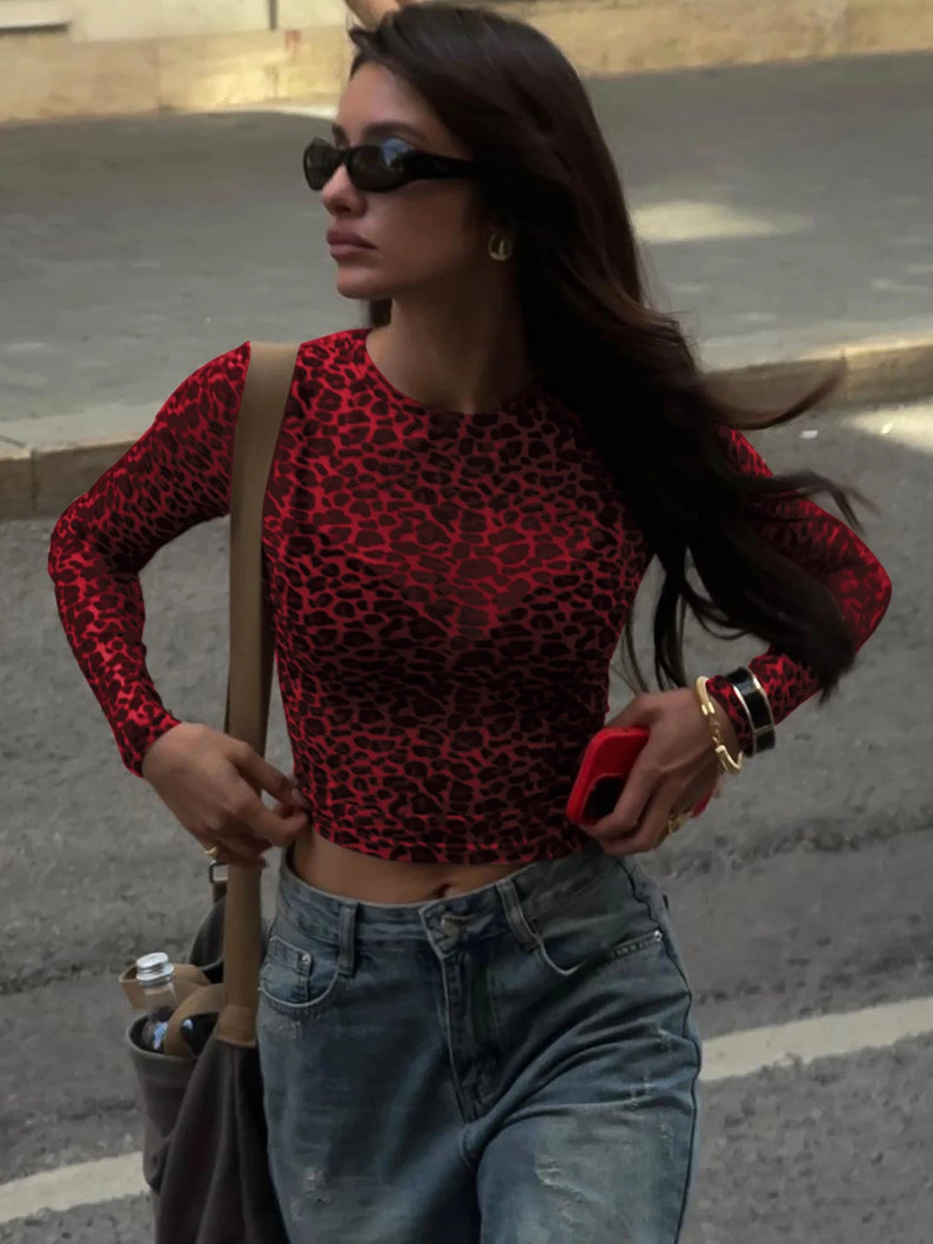 Leopard Mesh Long-Sleeve Top