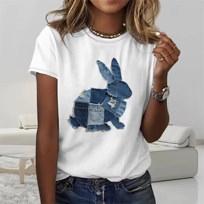 Funny Denim Patchwork Animal Pattern T Shirts Summer Fashion Short Sleeve  Printed Men Women T-shirts Loose Breathable Tees
