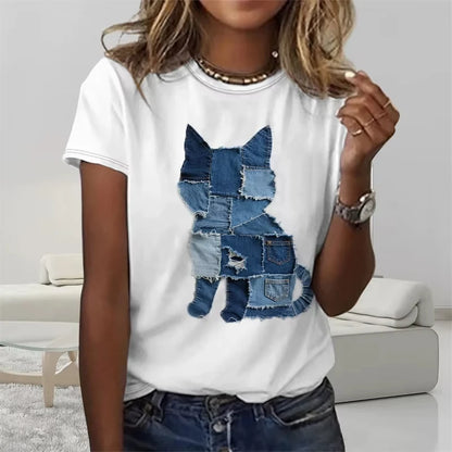 Funny Denim Patchwork Animal Pattern T Shirts Summer Fashion Short Sleeve  Printed Men Women T-shirts Loose Breathable Tees
